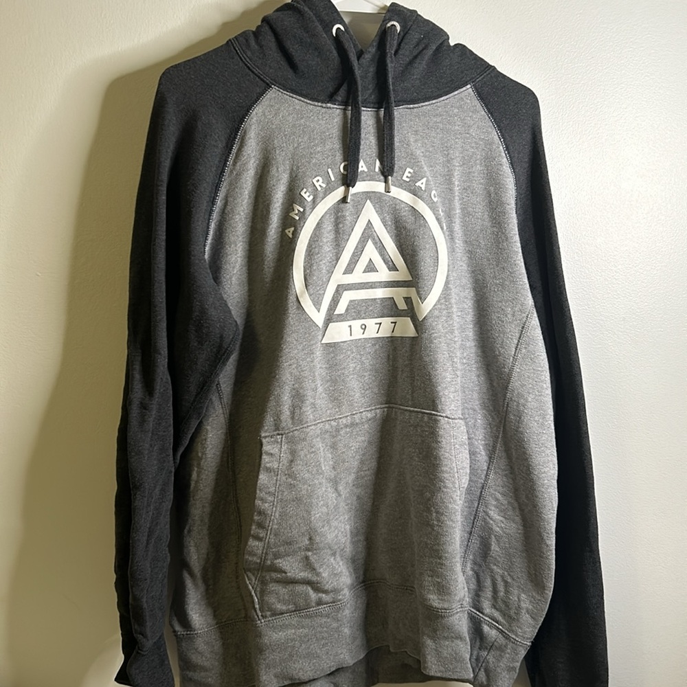 American Eagle hoodie 1977 size large long sleeves gray white pullover sporty